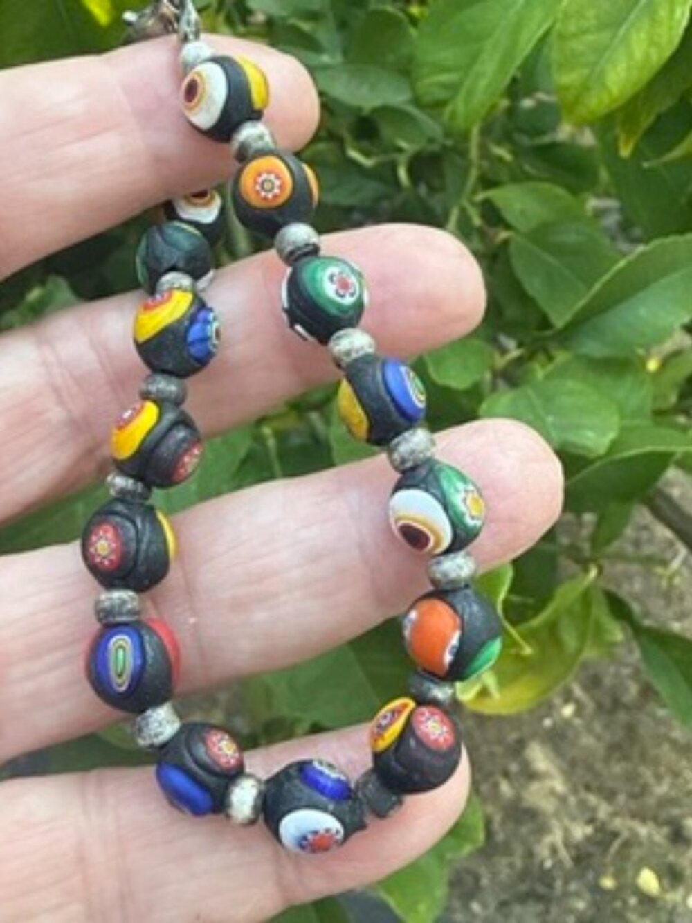 Vintage Millefiori Glass Bead Bracelet Floral Matte Black Silver Tone Accents